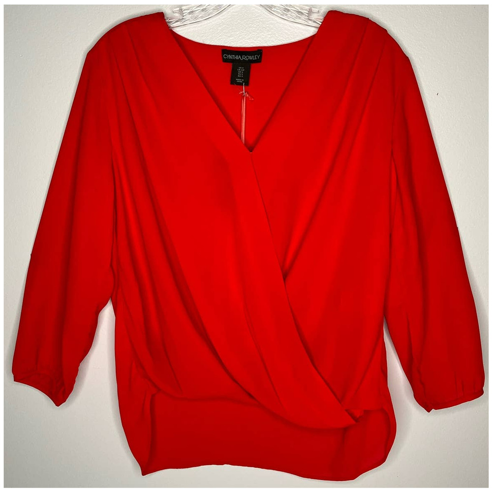 Cynthia Rowley New York blouse top true red long sleeve V-neck high low NWT